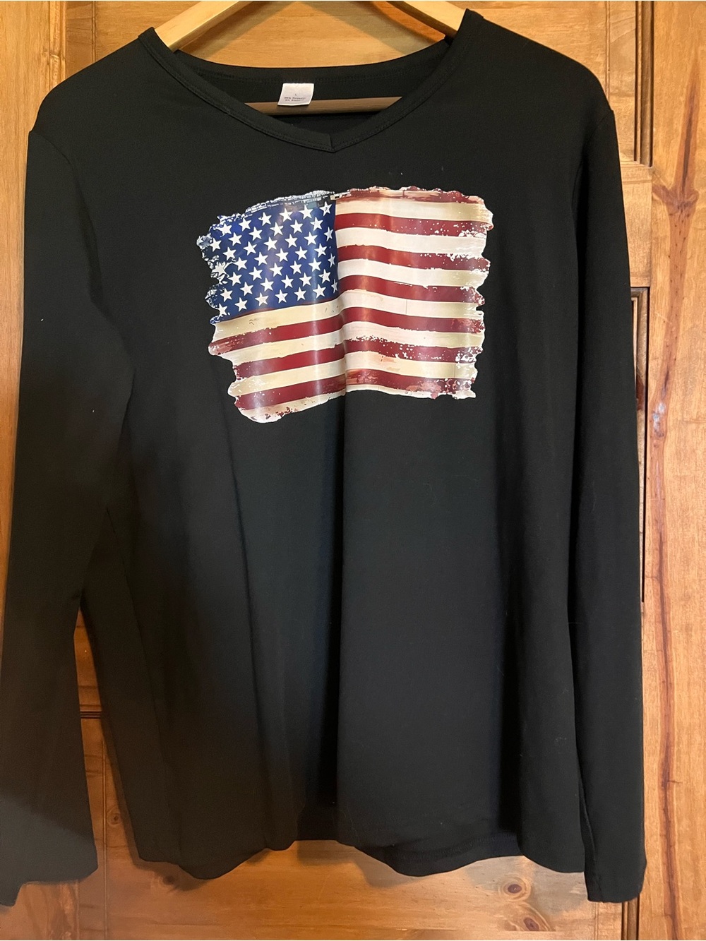 Black Long Sleeve Tee with Distressed American Flag Print